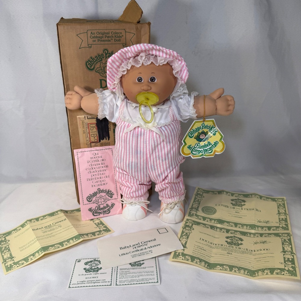 Vintage 1984 Cabbage Patch Kids Doll HM4 Italian Box Bea Pink Seersucker W/ Box